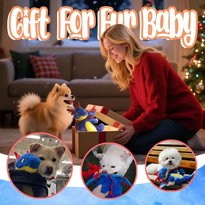 Original Blue Dinosaur Dog Toy - Soft Plush Dog Toys for Small Medium Large Dogs（13.78''） - Cute Dog Squeak Toys with 5 Crinckle Papers & 2 Squeakers
