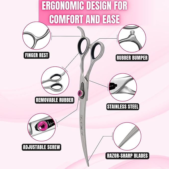Kenchii Love Dog Grooming Scissors, 8 Inch Curved Shears, Dog Scissors for Grooming, Professional Pet Grooming Scissors, Ergonomic & Comfortable