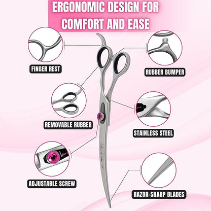Kenchii Love Dog Grooming Scissors, 8 Inch Curved Shears, Dog Scissors for Grooming, Professional Pet Grooming Scissors, Ergonomic & Comfortable