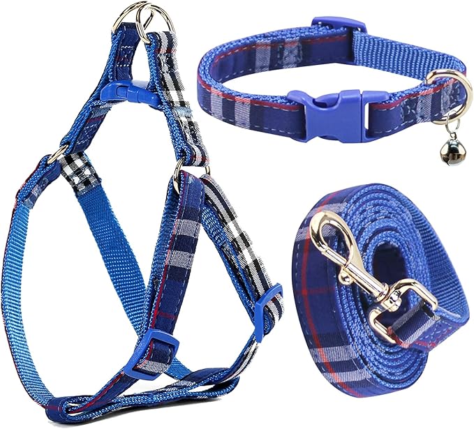NISIYE Cute Plaid Dog Collar Harness and Leash with Safety Buckle - Adjustable and No Pull Comfortable Dog Collars for Small Puppy, Stylish Durable Gift for Boy Girl Pets