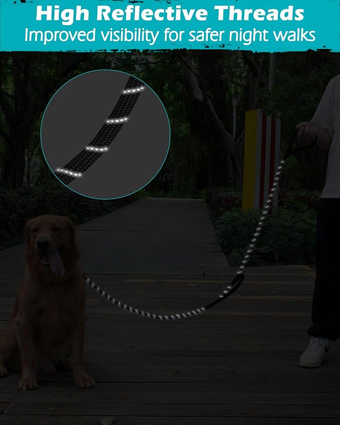 PetBonus Double Handle Rope Dog Leash, 5FT Heavy Duty Training Lead with Lockable Hook and 2 Comfortable Padded Handles, Reflective Walking Nylon Leash for Large Medium Dogs (55-200 lbs, Black Grey)