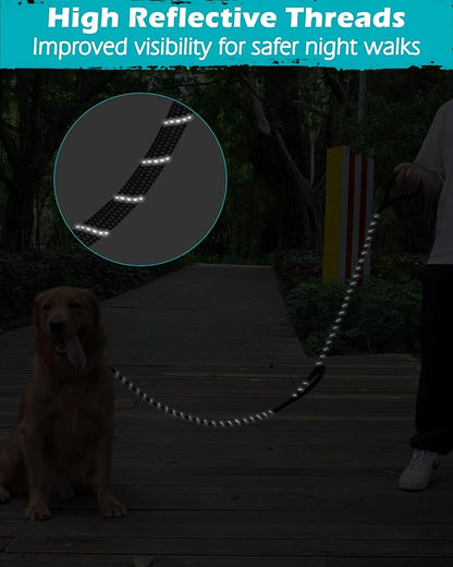 PetBonus Double Handle Rope Dog Leash, 5FT Heavy Duty Training Lead with Lockable Hook and 2 Comfortable Padded Handles, Reflective Walking Nylon Leash for Large Medium Dogs (55-200 lbs, Black Grey)