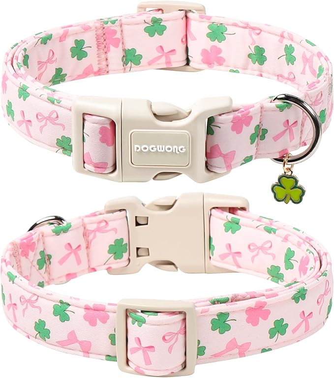 DOGWONG Cute St. Patrick Dog Collar, Clover Pink Collar for Medium Dogs Spring Female Dog Collars Adjustable Heavy-Duty Dog Collars Pet Gift