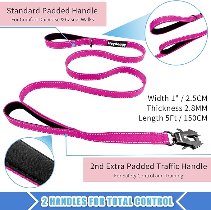 Strong Heavy Duty Dog Leash - 5ft Reflective Nylon Training Leash with Soft Padded Double Handle & Auto Lock Frog Clip - Safety Traffic Control for Large Medium Small Dogs No Pull Walk Hot Pink,5ft