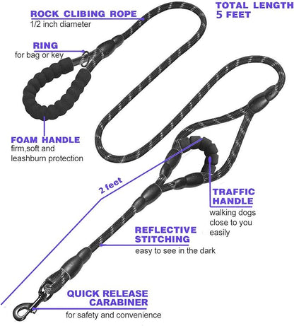 JSXD Heavy Duty Double Handle Dog Leash - 5 FT, Padded & Reflective, Rope for Small to Large Dogs (Black)