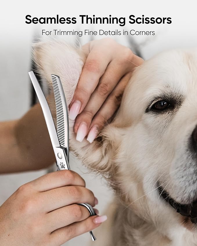 ULG Dog Grooming Scissors 40-Tooth 7.0” Curved Thinning Scissors Seamless 15%-20% Thinning Rate 440C Japanese Stainless Steel Tension Adjustable Left & Right Handed Pet Grooming Shears