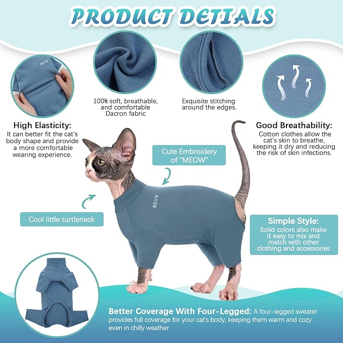 ROZKITCH Hairless Cat Jumpsuit, Breathable Soft Jumpers for Sphynx Only, Coat with Four Legs, Warm Sweater T-Shirt Pajamas Jumpsuit Vest Cornish Rex, Devon Rex, Peterbald Blue M