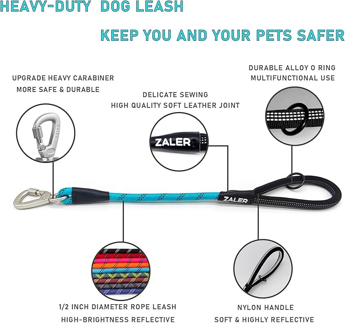 ZALER Short Dog Leash, 18 Inches Rope Traffic Leashes for Dogs, Reflective Dog Lead with O-Ring, Heavy Duty Pet Leash for Large and Medium Dogs (18'' Blue)