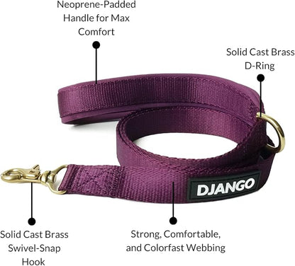DJANGO Adventure Dog Leash – Strong, Comfortable, and Stylish Dog Leash with Solid Brass Hardware and Padded Handle - Designed for Outdoor Adventures and Everyday Use (Plum Purple)