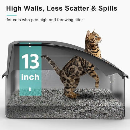 Stainless Steel Litter Box | XXL Deepened 8" Design Enclosed Box with Lid for Big Cats | High Sided, Anti-Urine Leakage | Non-Stick Bottom & Includes Litter Mat & Metal Scoop