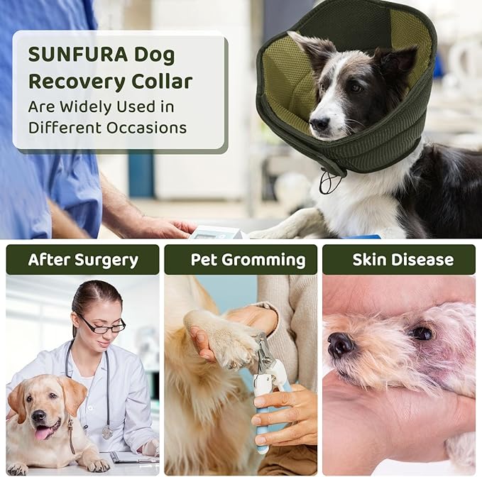 SUNFURA Dog Cone - Soft Cone for Dogs to Stop Licking, Pet E-Collar Alternative After Surgery, Adjustable Pet Recovery Collar for Wound Healing, Army Green Medium