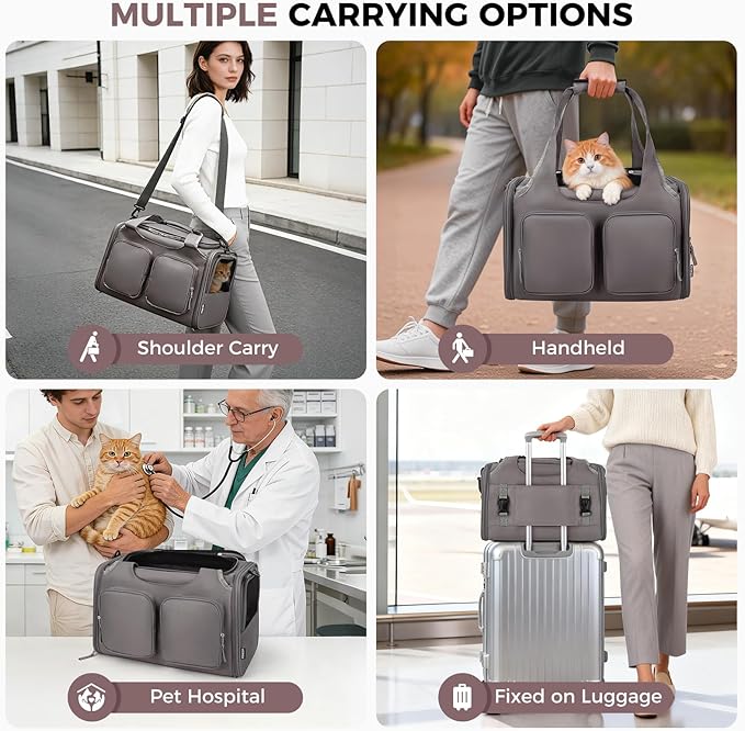 Dog, Cat Carrier for Pets Up to 15 Lbs, Airline Approved Collapsible Soft-Sided Pet Travel Bag with Locking Zippers, Breathable Mesh and 4 Large Pockets, Removable Fleece Pad (Grey)