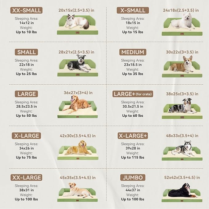 Large Dog Bed Orthopedic Washable - Memory Foam - XXL Large Big Dogs - Beds Bolster Pet - Couch Sofa - Waterproof with Removable Cover - Grass Green Dog Bed