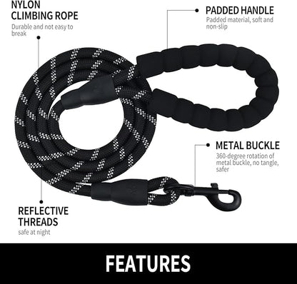 Panykoo 5/6 FT Strong Pet Dog Leash with Soft Padded Handle,Highly Reflective Rope for Night Walking,360-Degree Rotating Metal Buckle Without Tangles,Suitable for Small,Medium and Large Dogs.(6ft)