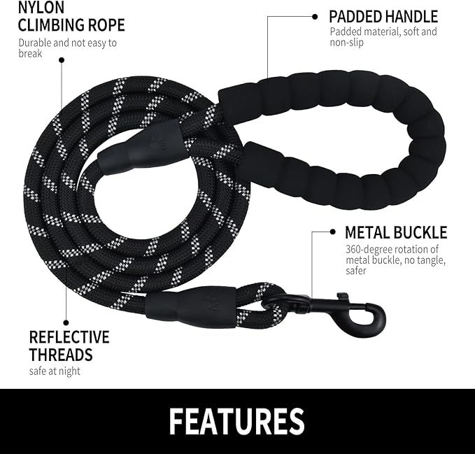 Panykoo 5/6 FT Strong Pet Dog Leash with Soft Padded Handle,Highly Reflective Rope for Night Walking,360-Degree Rotating Metal Buckle Without Tangles,Suitable for Small,Medium and Large Dogs.(5ft)