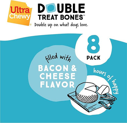 Ultra Chewy Double Treat Bones: Long-Lasting Dog Treats Made in USA for Large and Small Breeds, Highly Digestible, Ideal for Aggressive Chewers (Bacon & Cheese, 24 Count)