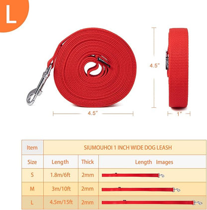 Siumouhoi Strong Durable Nylon Dog Training Leash, 1 Inch Wide Traction Rope, 6 ft 10ft 15ft Long, for Small and Medium Dog (Red, 15 Feet)