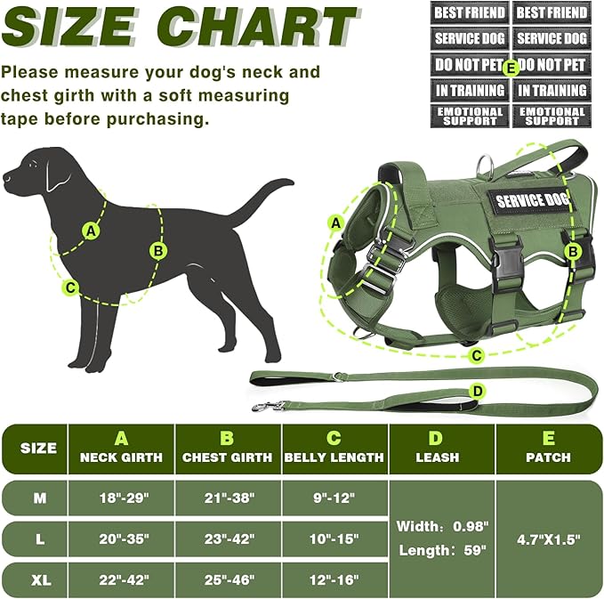 Tactical Service Dog Vest Harness and Leash Set,Heavy Duty Dog Harness with Metal Buckles for Large Dogs,Adjustable No Pull Pet Vest with 10 Patches,for Training Working Hiking,Green XL