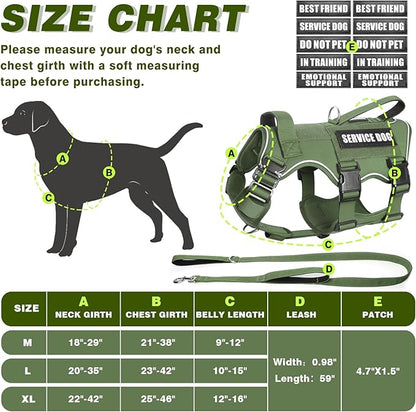 Tactical Service Dog Vest Harness and Leash Set,Heavy Duty Dog Harness with Metal Buckles for Large Dogs,Adjustable No Pull Pet Vest with 10 Patches,for Training Working Hiking,Green XL