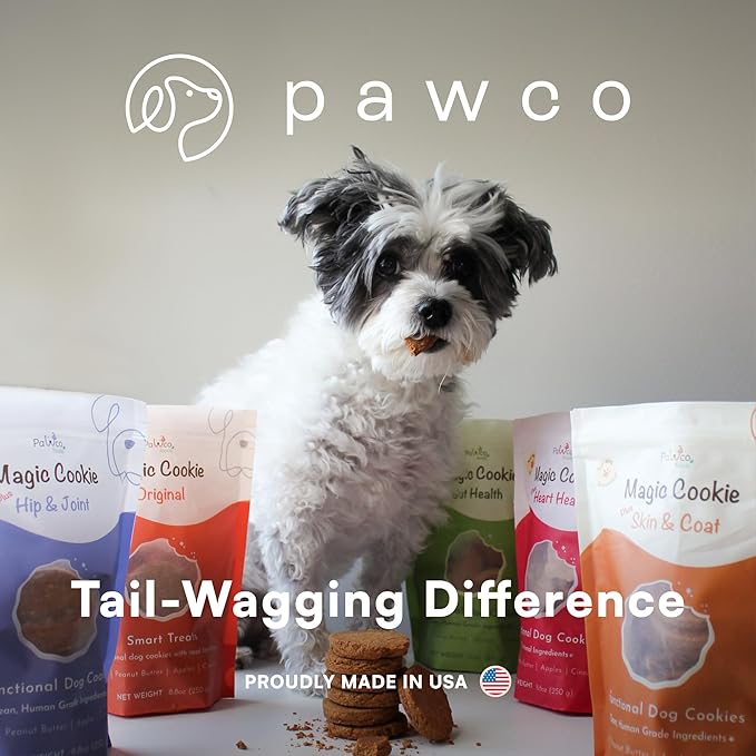 PawCo Dog Treats, Skin & Coat – Supports Skin Barrier & Coat Shine – Crunchy Dog Cookies with Omega-3 & DHA, Peanut Butter & Apple – Functional & Healthy Rewards for Dogs – Magic Cookie – 8.8oz