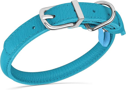OOPSDOGGY Rolled Leather Dog Collar Soft Roll Collars for Small Medium Large Dogs Puppy (Blue, XXL, 20"-24")