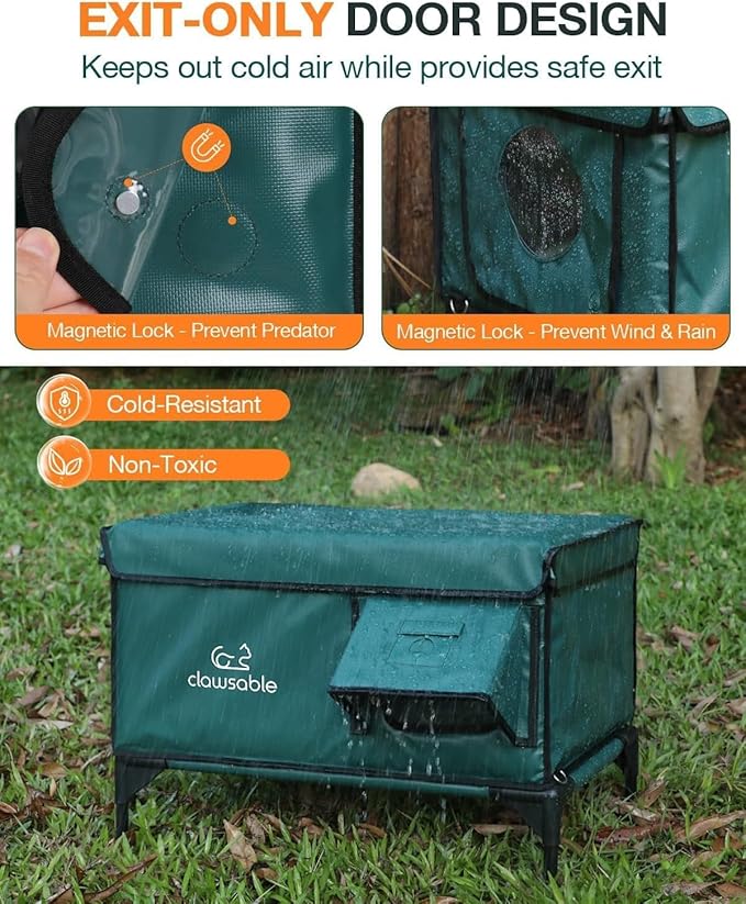 Indestructible Heated Cat House for Outside Winter, 100% Waterproof, Safe Escape Door, Insulated Outdoor Cat Shelter with Heater for Feral Barn Cat Kitty (Forest Green, 24"x15"x18")