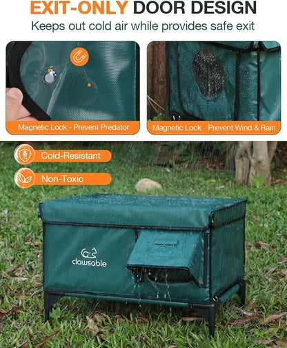 Indestructible Heated Cat House for Outside Winter, 100% Waterproof, Safe Escape Door, Insulated Outdoor Cat Shelter with Heater for Feral Barn Cat Kitty (Forest Green, 24"x15"x18")