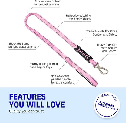 DF Co. Bungee Dog Leash | Strain Free & Shock Resistant for Control | Neoprene Padded Handle, Heavy-Duty Carabiner Clip, and D-Ring | Pink, Size Small