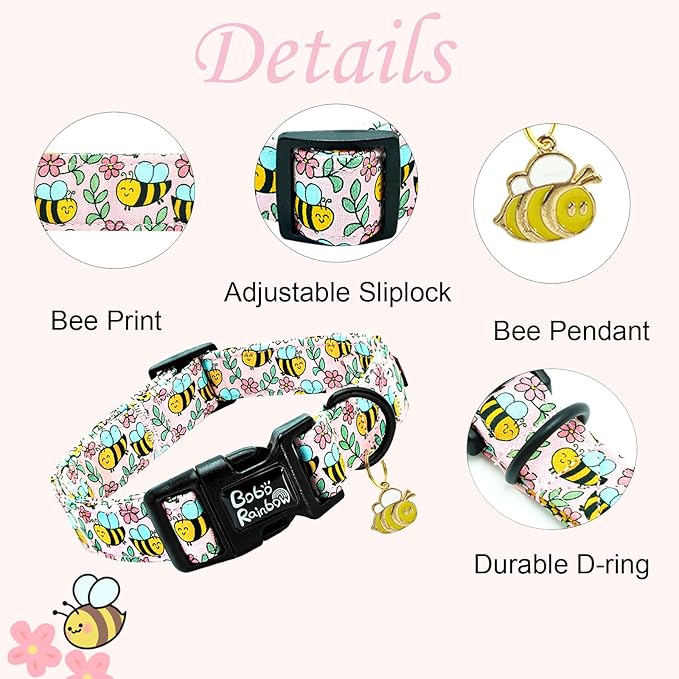 Dog Collar, Cute Bee Adjustable Pet Collars Spring Soft Comfortable Cotton Puppy Collar Pink Flower Necklace Gift Collars for X-Small Dogs
