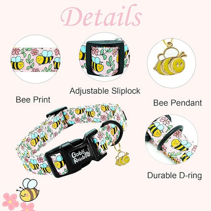 Dog Collar, Cute Bee Adjustable Pet Collars Spring Soft Comfortable Cotton Puppy Collar Pink Flower Necklace Gift Collars for Small Dogs