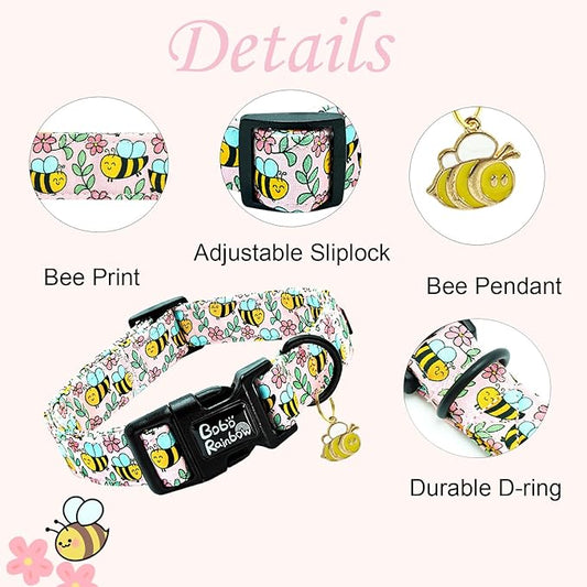 Dog Collar, Cute Bee Adjustable Pet Collars Spring Soft Comfortable Cotton Puppy Collar Pink Flower Necklace Gift Collars for Large Dogs