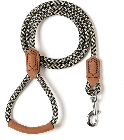 Mile High Life | Premium Leather Handle Dog Leash | Strong Rope Leash | Zinc Alloy Strong Clasp | Small Medium Large Dogs | 4/5/6 Feet(Black Khaki, 60 Inch (Pack of 1))