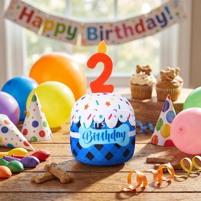 Dog 2nd Birthday Cake Toy Accessories for Girl Boy Gifts, Blue Grid Squeaky Plush Toy for Dog Birthday Party Decor Favor for Large, Medium and Small Dogs