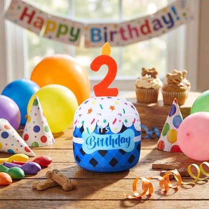 Dog 2nd Birthday Cake Toy Accessories for Girl Boy Gifts, Blue Grid Squeaky Plush Toy for Dog Birthday Party Decor Favor for Large, Medium and Small Dogs