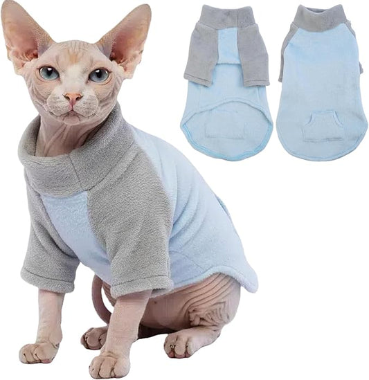 T'CHAQUE Sphynx Cat Clothes, Soft Fleece Winter Sweaters for Hairless Cats, Warm Pajama Jumpsuit with Sleeves and Hoodie, Cozy Pullover Outfit for Kittens
