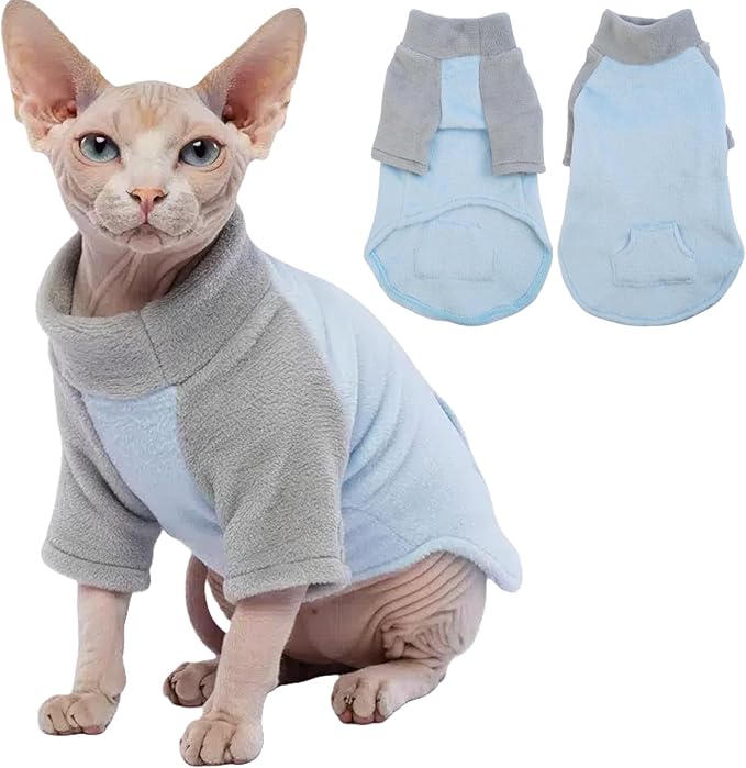 T'CHAQUE Sphynx Cat Clothes, Soft Fleece Cat Sweaters for Cats Only, Sphynx Hairless Cats, Cat Pajamas with Sleeves, Kitten Hairless Cat Winter Clothes, Winter Warm Cat Outfit Onesie Jumpsuit Hoodie