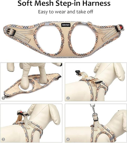 Zelvian Cat Harness and Leash Set for Walking, Escape Proof Adjustable Soft Mesh Kitten Harness with Reflective Strips, Breathable No-Choke Pet Vest for Medium Cats or Small Dogs(Beige,M)