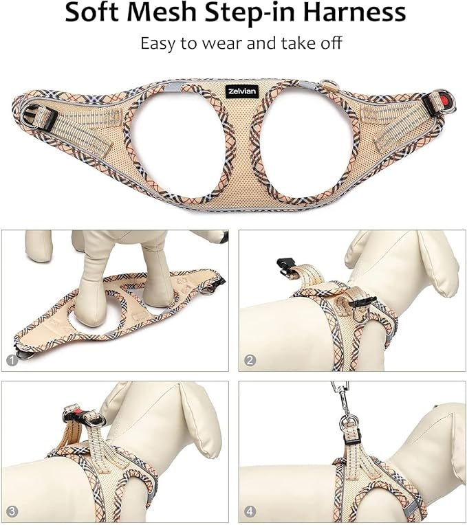 Zelvian Cat Harness and Leash Set for Walking, Escape Proof Adjustable Soft Mesh Kitten Harness with Reflective Strips, Breathable No-Choke Pet Vest for Small Cats or Puppies(Beige,S)