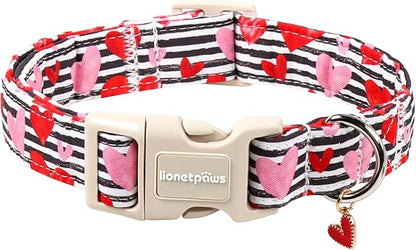 Lionet Paws Valentine's Day Dog Collars - Black and White Stripes Dogs Collar with Plastic Buckle and Red Heart Pendant,Dog Collar for Small Medium Dogs