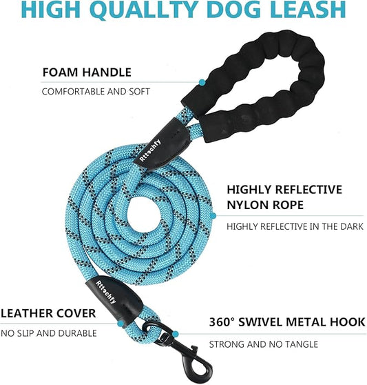 Rttochfy Rope Dog Leash 2/4/5/6/8/10 FT with Comfortable Padded Handle and Highly Reflective Threads for Small Medium and Large Dogs Heavy Duty (1/2"-4 FT, Blue)
