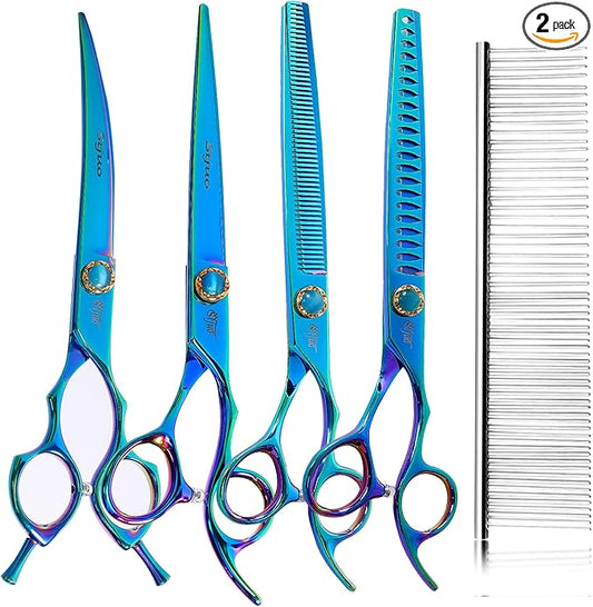 Stjuo 7.5'' Dog Scissors Set for Grooming 440C Stainless Steel Green Professional Pet Trimming Scissors Sharp Blades Cutting for Dogs and Cats Shears