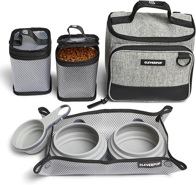 Cleverpup, Small 7-Piece Bistro Box Dog Food Travel Kit, 6-Cup Kibble Storage, 2 Silicone Bowls, Mat & Scoop - Premium Portable Pet Food Kit for Weekends, Overnights, Daycare & Camping, Heather Grey