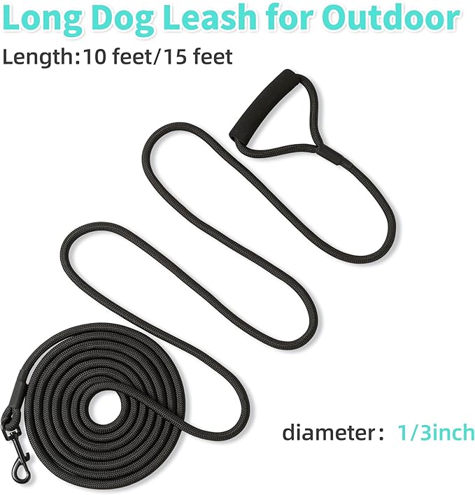 Mile High Life Long Dog Leash, with Comfortable Padded Handle, Black Nylon Rope Leash with Steel Tips, Heavy Duty 15 Feet Pet Leashes (Black,15 Feet)
