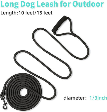 Mile High Life Long Dog Leash, with Comfortable Padded Handle, Black Nylon Rope Leash with Steel Tips, Heavy Duty 15 Feet Pet Leashes (Black,15 Feet)
