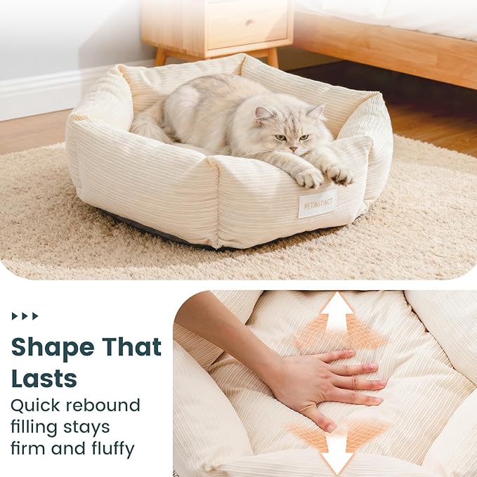 Petinstinct Cat Bed, 22 Inch Washable Corduroy Cat and Small Dog Bed with Removable Cover & Anti-Slip Bottom, Calming Comfort Pet Bed for Pets up to 15 lbs (Cream White)
