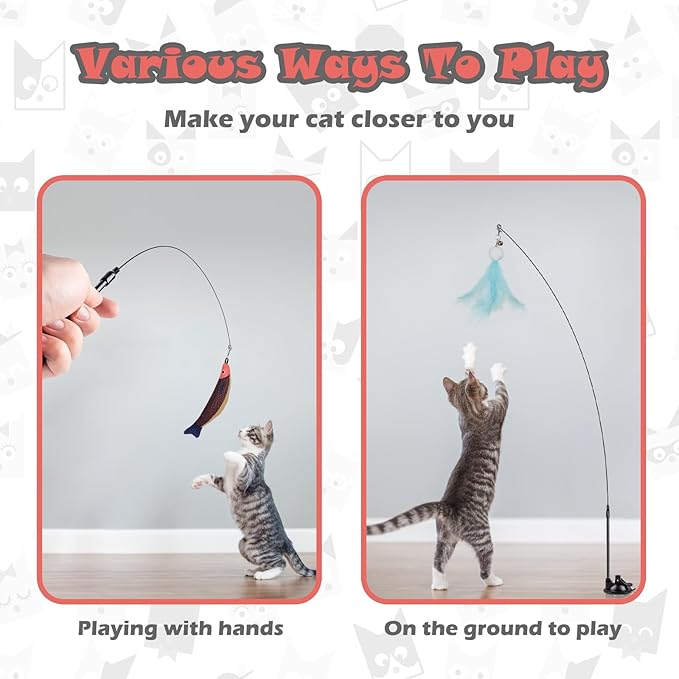 Greoil Cat Toys for Indoor Cats,Interactive Cat Toys for Bored Indoor Adult Cats 7 Pack Cat Teaser Cat Toys, 2 Pack Flexible Steel Wire and 4 Pcs Replacement Feather Refills with Balls and Birds