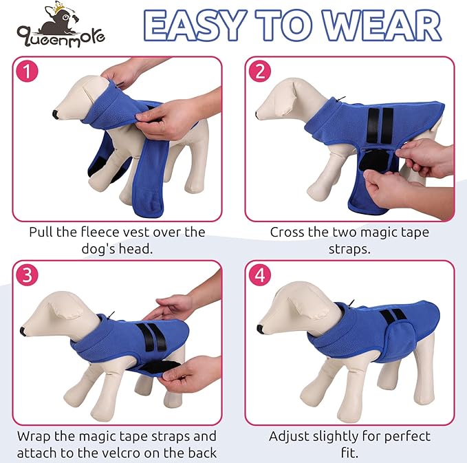 Queenmore XXL Dog Sweater, Soft Fleece Vest Pullover Jacket with Leash Hole, Warm Winter Coats for Cold Weather - Dachshund & Cat Sizes - Boy & Girl (Blue, XXL)