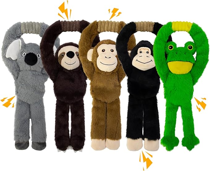 Chongqile No Stuffing 5-Pack Dog Toys, Squeaky Plush with Crinkle to Keep Them Busy, Pull-tab Toys for Tug of War, Animal Shaped Dog Toys for Large, Medium and Small Dogs.