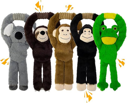 Chongqile No Stuffing 5-Pack Dog Toys, Squeaky Plush with Crinkle to Keep Them Busy, Pull-tab Toys for Tug of War, Animal Shaped Dog Toys for Large, Medium and Small Dogs.