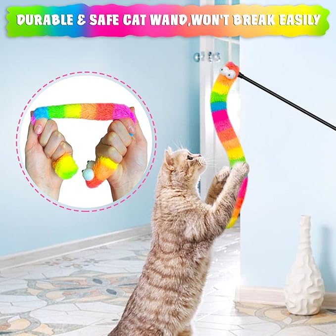 Lepawit 3 Pack Cat Wand Toy, Rainbow Cat Feather Toys with Bells, Teaser Wand with Soft Furry Tail, Interactive Toys for Indoor Cats & Kitten & Kitty